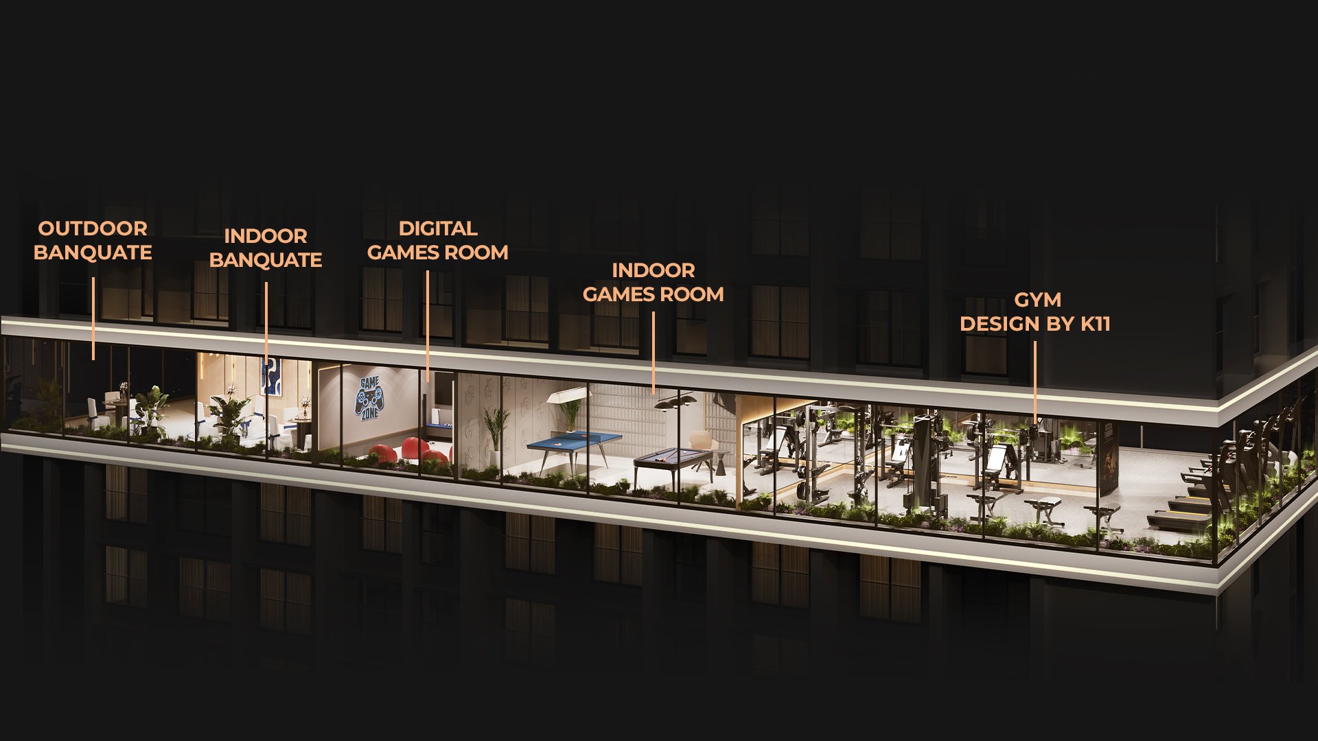The Resident’s Club on the seventeenth floor: outdoor banquet, indoor banquet, digital games room, games room and gym
